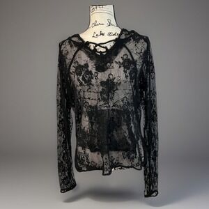 POL Black Lace Floral Hoodie‎ Pullover Top Long Sleeve See Through Blouse